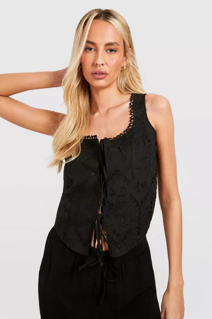 Tall Broderie Lace Up Top | boohoo (US & Canada)