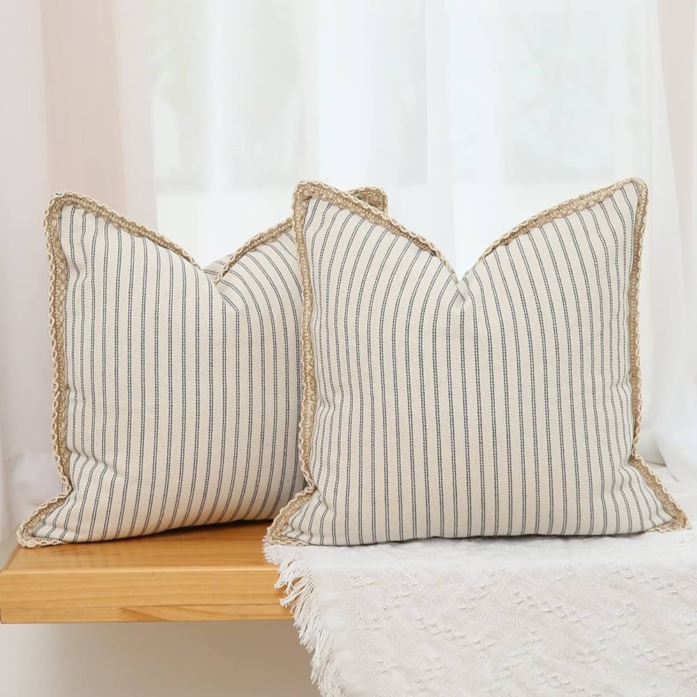 Hckot Farmhouse Decorative Throw Pillow Covers 18x18 Inch, Pack of 2 Grey and Beige Striped Linen... | Amazon (US)