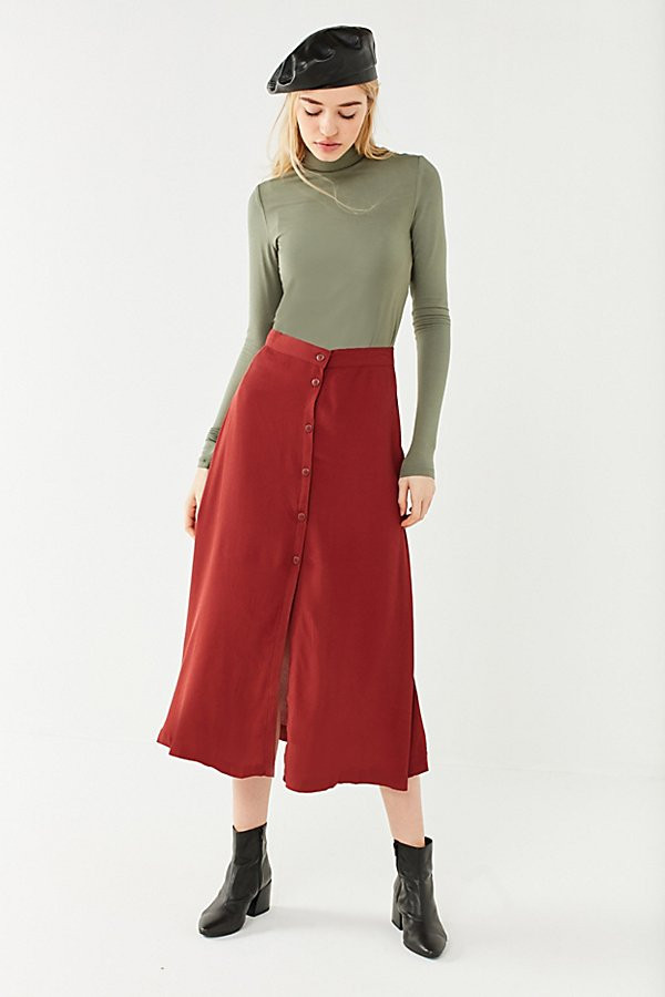 UO Amelia Button-Down Midi Skirt - Brown XS at Urban Outfitters | Urban Outfitters US