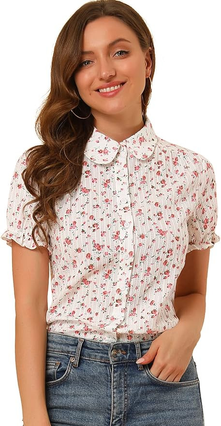 Allegra K Women's Short Sleeve Button-Up Peter Pan Collar Blouse | Amazon (US)
