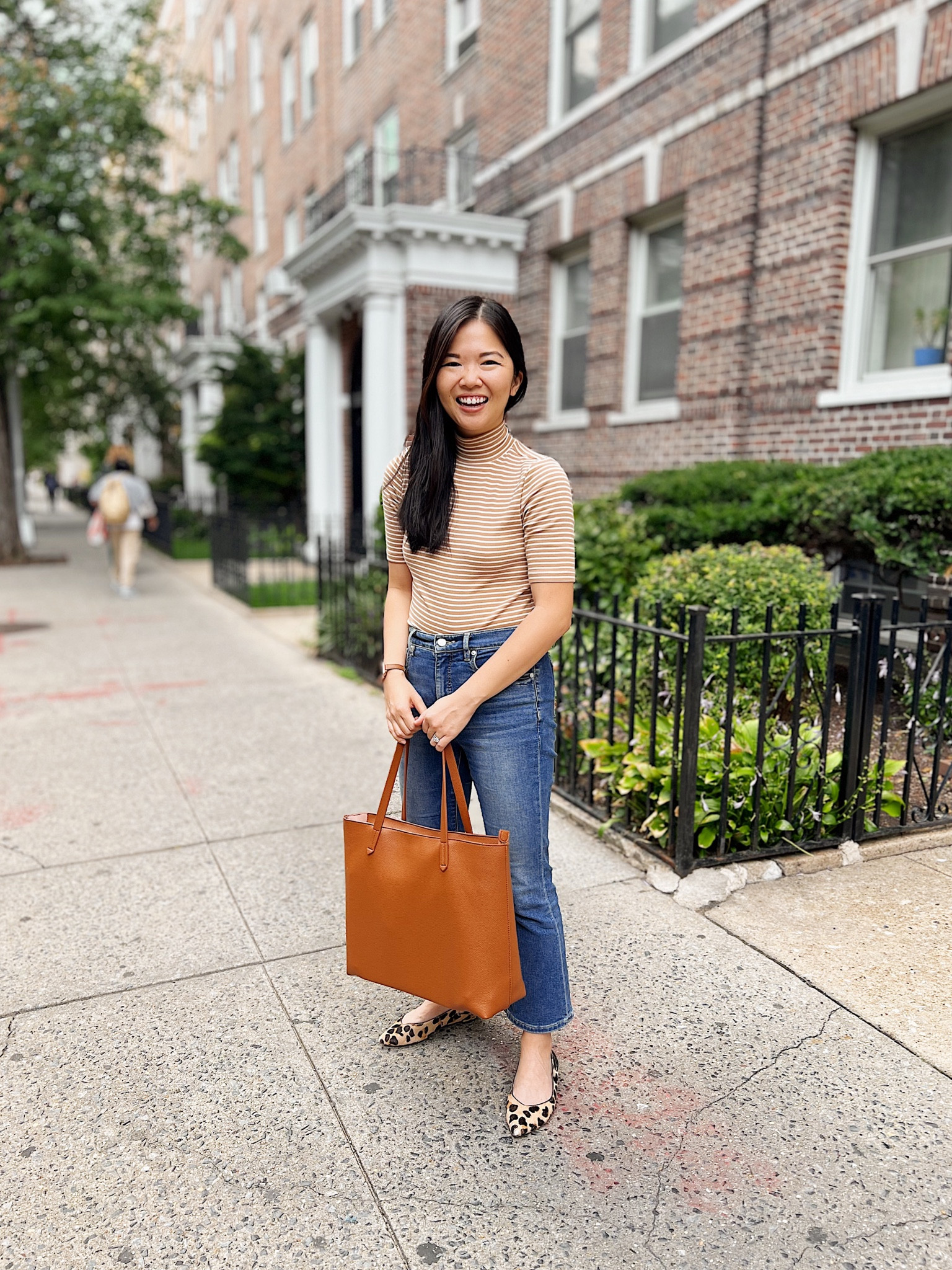 Casual fall outfit, fall casual outfit, teacher outfit idea, LOFT, petite outfit: striped mock neck top (XS), striped shirt sleeve mock neck sweater, high waisted kick crop jeans (27P), black tote bag, similar leopard flats.

#LTKunder50 #LTKSeasonal #LTKstyletip