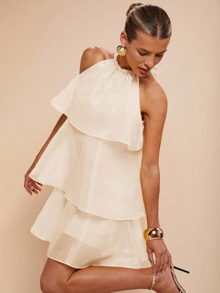 COSMINA Women's Solid Color Multi-Layer Ruffle Neck Mini Dress Layered Ruffle Dress Halter Neck Dress,Elegant Dresses For Women, | SHEIN