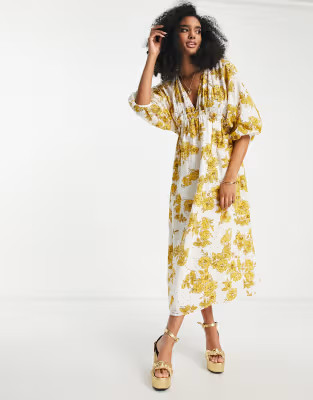 ASOS EDITION gathered waist broderie midi dress in floral print | ASOS (Global)