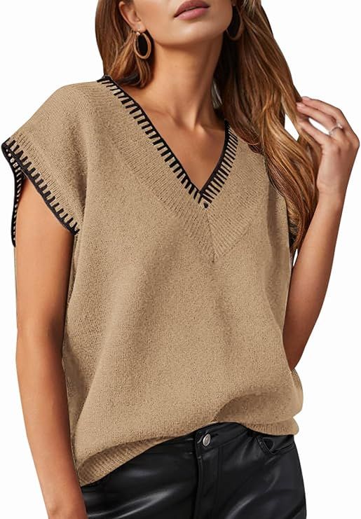 Saodimallsu Womens V Neck Sweater Vest Summer Trendy Cap Sleeve Casual Loose Knit Sleeveless Pull... | Amazon (US)