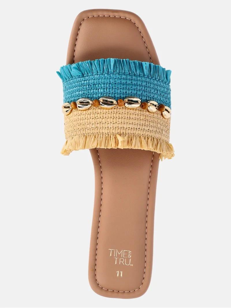 Time and Tru Women's Raffia Shell Slide Sandals - Walmart.com | Walmart (US)