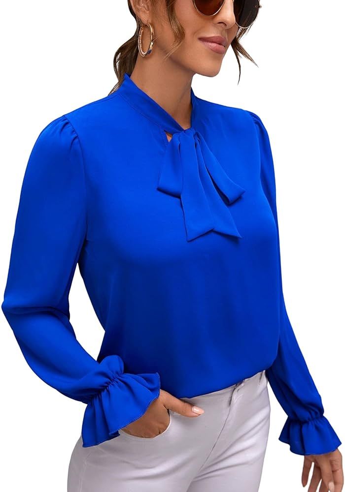 SheIn Women's Elegant Long Sleeve Tunic Top Tie Neck Workwear Blouse Shirt Tops | Amazon (US)