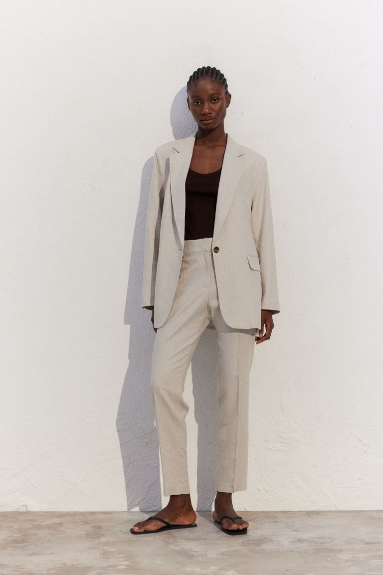 Linen-blend Pants - High waist - Long - Light beige - Ladies | H&M US | H&M (US + CA)
