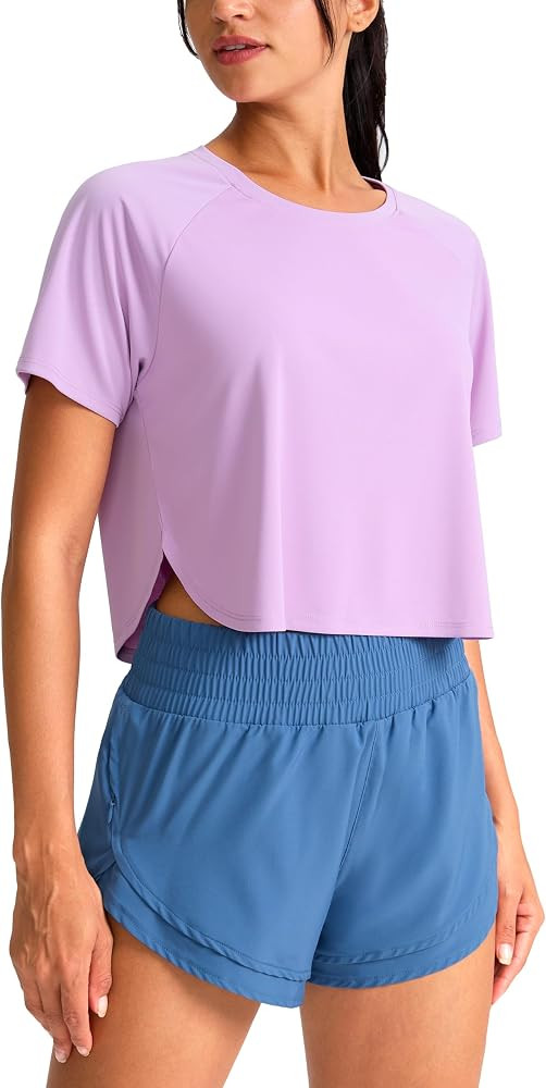SANTINY Workout Crop Tops for Women Short Sleeve Athletic Shirts Cropped T-Shirt Yoga Gym Tops wi... | Amazon (US)