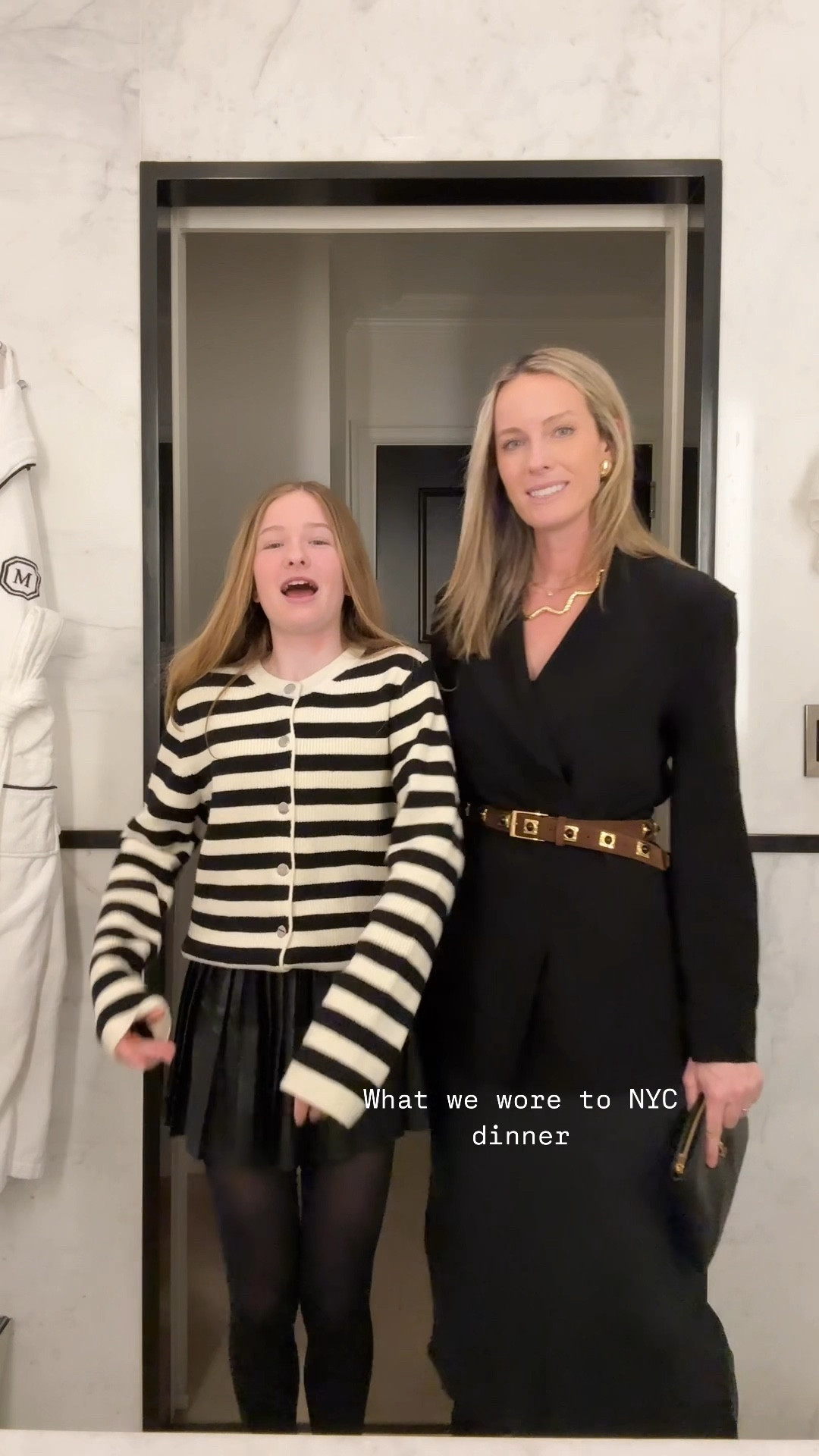 Easy comfy night one dinner looks! Size down one in leather skirt for girls :) she kept trying to roll it lol 