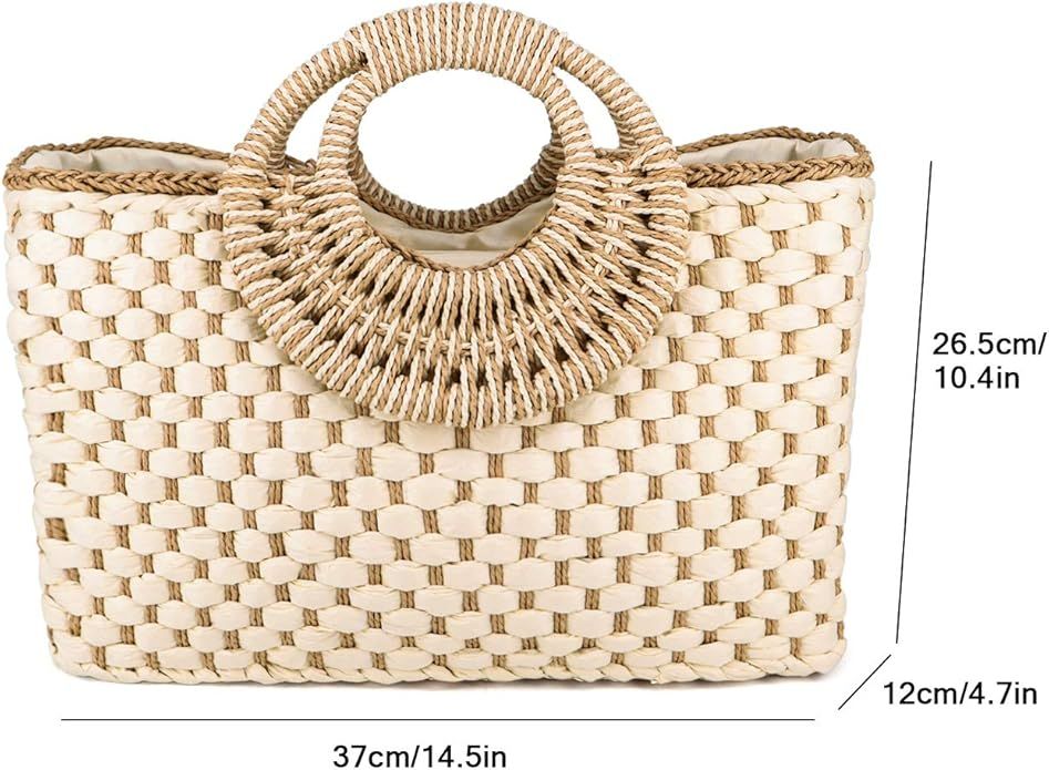 QTKJ Women Summer Retro Straw Bag with Zip Hand-woven Beach Handbag Top Round Handle Boho Tote Ba... | Amazon (US)