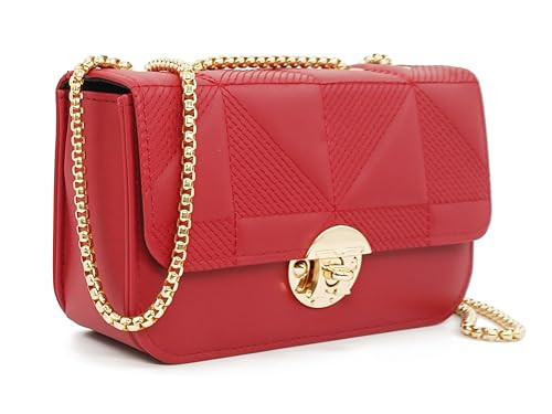 PORT&LOTUS Small Red Shoulder Purse Little Quilted Bag for Women Red PU Leather Square Purses for Women Stylish Elegant Hand Bag with Gold Chain Strap | Amazon (US)