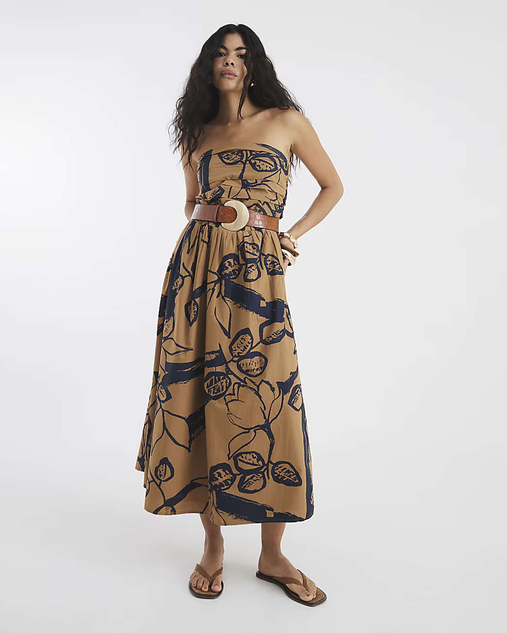 Brown Pleated Bodice Bandeau Midi Dress | River Island UK & IE