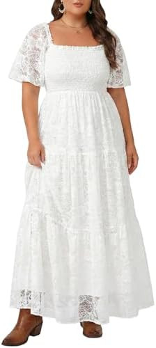 Plus Size Wedding Dress Bride Boho Lace Formal Square Neck Ruffle Sleeves Long Dresses for Curvy ... | Amazon (US)
