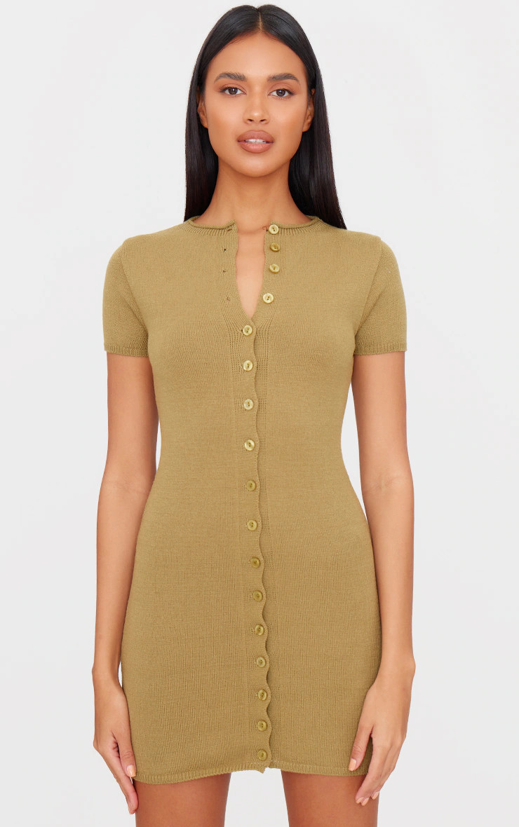 Khaki Soft Knit Button Through Mini Dress | PrettyLittleThing UK