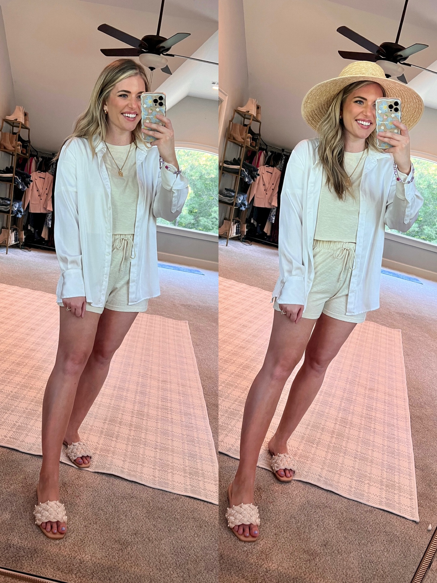 Cutest way to wear this lounge set. With my fav satin button down & a straw hat! 
Matching set TTS - M $22
Satin button down TTS - M (washer & drier friendly!)
Pearl slides TTS - dolce vita lookalike ✨
Hat TTS


#LTKunder50 #LTKtravel #LTKFind