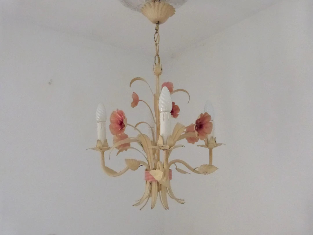 Vintage French Toleware Tole Chandelier Lamp W Pink Flowers - Etsy | Etsy (US)