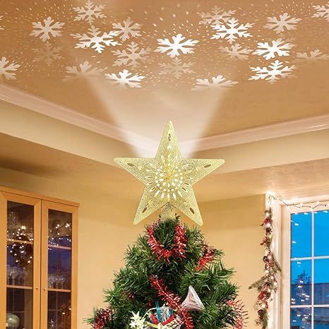 Christmas Tree Topper Lighted Star [Gold],3D Hollow Sparkling Star Christmas Tree Topper with Rot... | Amazon (US)
