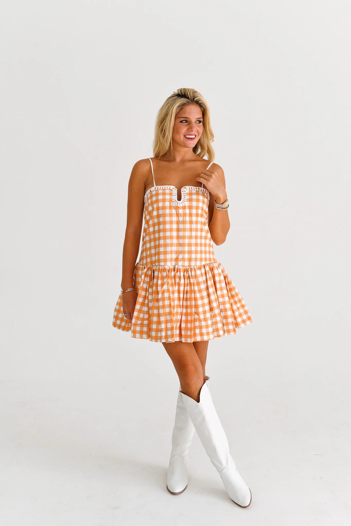 Serena Sweetheart Dress - Orange Gingham | Fancyd Boutiqe