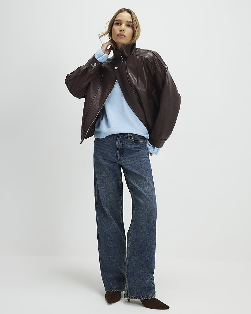 Brown Faux Leather Funnel Neck Jacket | River Island UK & IE