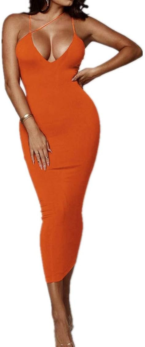 PRIMODA Women's Sexy Neon Asymmetrical Spaghetti Strap Dress Deep V-Neck Sleeveless Bodycon Midi Clu | Amazon (US)