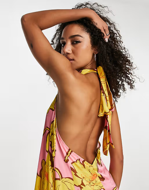 Topshop large outlined floral halter midi dress in pink | ASOS | ASOS (Global)