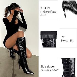 Modatope Knee High Boots Women Faux Crocodile High Heel Pointed Toe Tall Boots Side Zipper Long B... | Amazon (US)