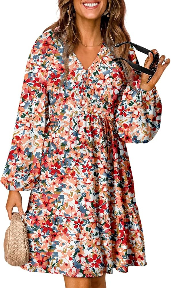 Dokotoo Fall Dresses for Women 2025 Boho Floral V Neck Long Sleeve Smocked Elastic Waist Casual A... | Amazon (US)