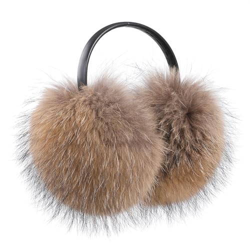 BOONJOVIA Women's Winter 100% Fox Fur Earmuffs Genuine Raccoon Fur Ear Warmer Adjustable (Raccoon Fur Leather Band) | Amazon (US)