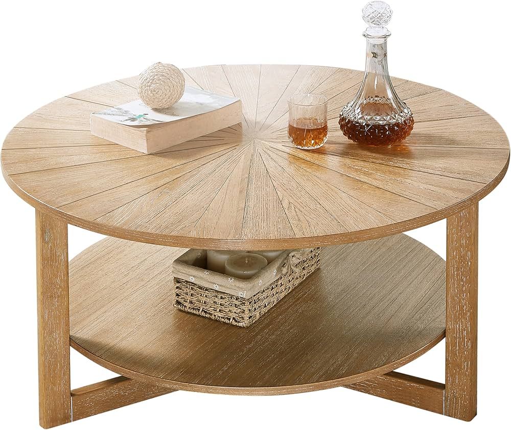 Wood Round Coffee Table for Living Room, 2 Tier Circle Rustic Coffee Table with Storage, Coffee T... | Amazon (US)