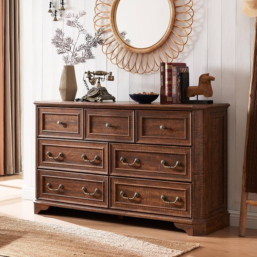 T4TREAM Farmhouse 7 Drawers Dresser for Bedroom, 54" Wide Wood Rustic Chest of Drawers with Natur... | Amazon (US)