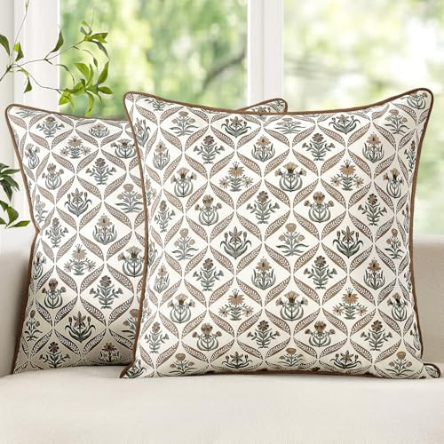 MIULEE Floral Throw Pillow Covers 18x18 Set of 2 Brown Spring Decorative Block Print Cotton Cushion Covers for Couch Living Room, Boho Modern Outdoor Sofa Vintage Garden Pillowcases Home Decor | Amazon (US)