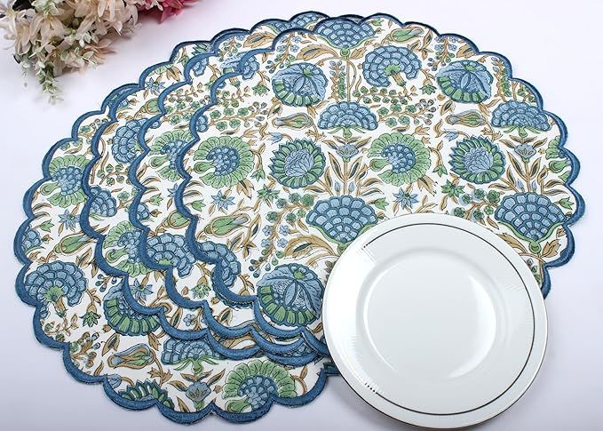 Ridhi Bo-ho Round Place Mat Easter Floral Cotton Washable Placemats 15" Round Embroidery Block Pr... | Amazon (US)
