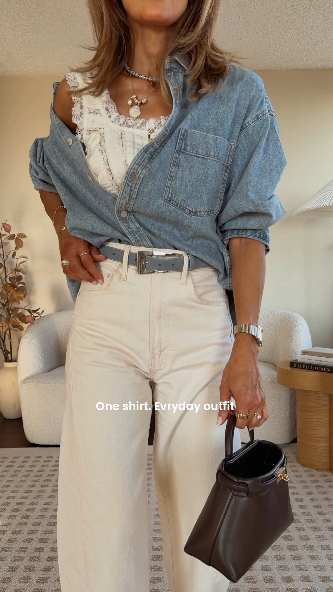 Same shirt, Look 2: Lunch in town 🤍🥗
Comment DENIM and I'll send you all the details

For the second outfit styling the denim shirt, I paired it with ecru denim and fun accessories for a look that feels polished, effortless, and easy to recreate with pieces you already own! 

Jeans 25, shirt small, top xs (fits oversized)

#LTKootd #LTKgrwm #LTKSeasonal