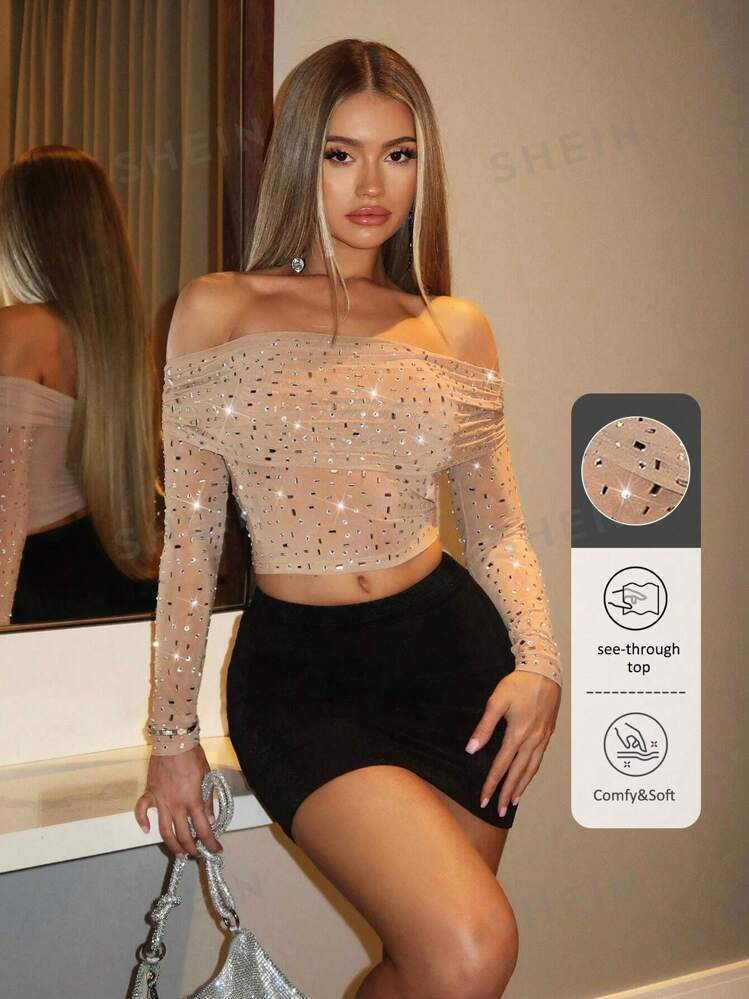 SHEIN BAE Women Off Shoulder Long Sleeve Blouse, For Beach Vacation, Nightclub Party, Concert Per... | SHEIN