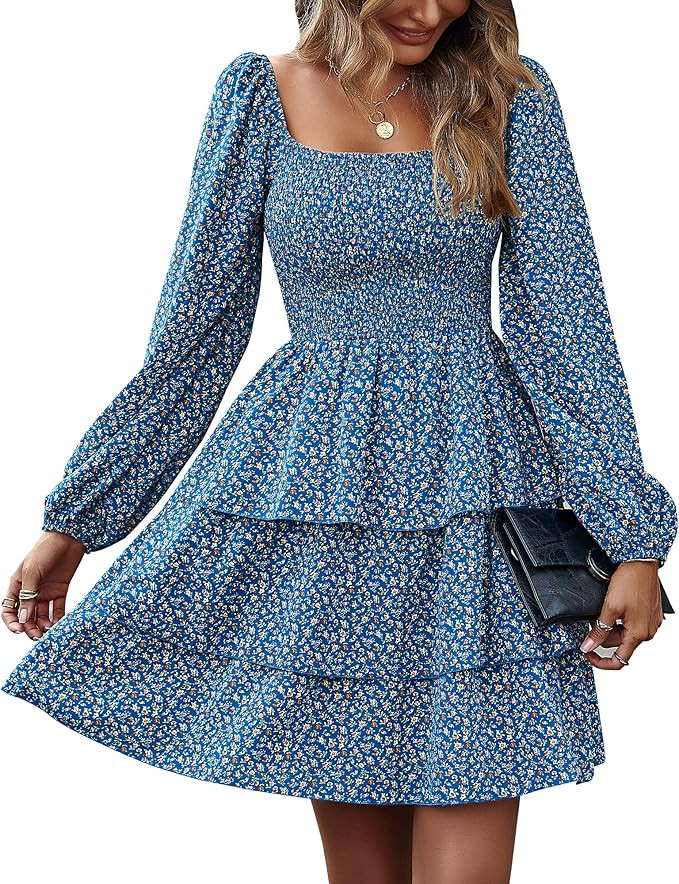 BTFBM Womens Long Sleeve Dress Vacation Square Neck Smocked Floral Swiss Dot Mini Boho Spring Wed... | Amazon (US)