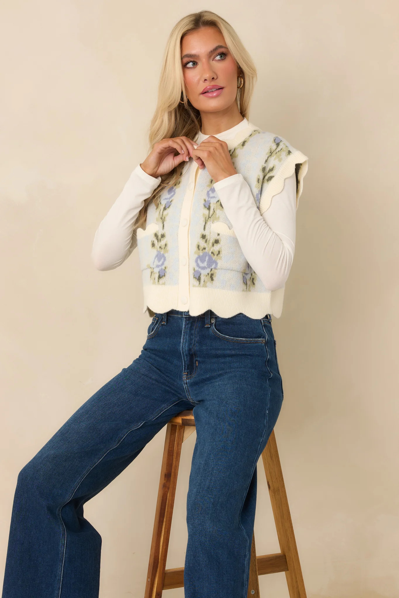 Bloom Baby Bloom Light Blue Floral Knit Scalloped Cropped Vest | Red Dress