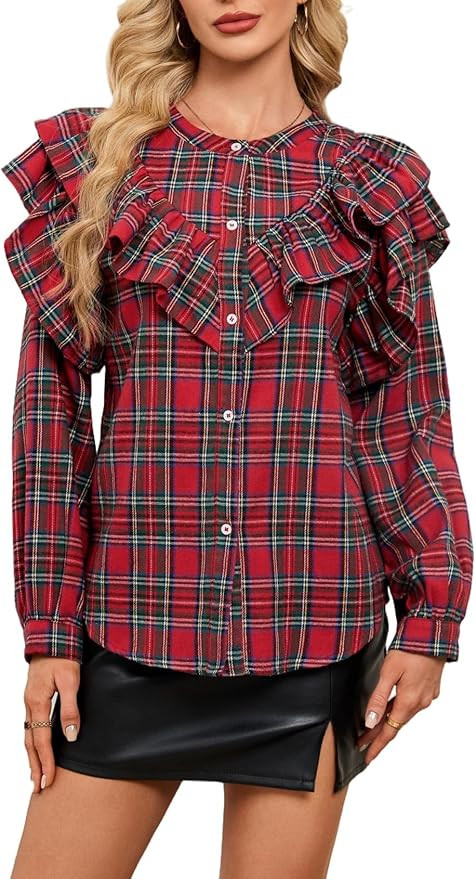 Women Plaid Ruffle Blouse Long Sleeve Button Down Shirt Christmas Tartan Top Casual Holiday Check... | Amazon (US)