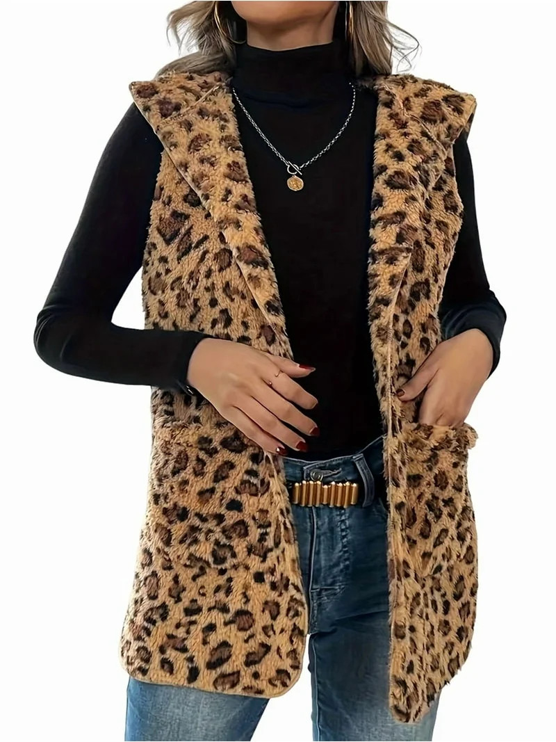 Women'S Buckleless Hooded Leopard Print Double-Sided Plush Vest Casual Fall Winter Vest with Pock... | Walmart (US)