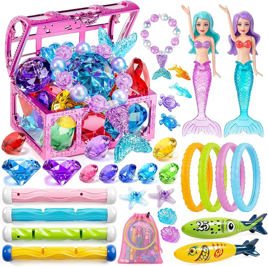 DISHIO Kids Diving Pool Toys Set with Treasure Chest, Sinking Swim Rings Sticks Sharks & Mermaid,... | Amazon (US)
