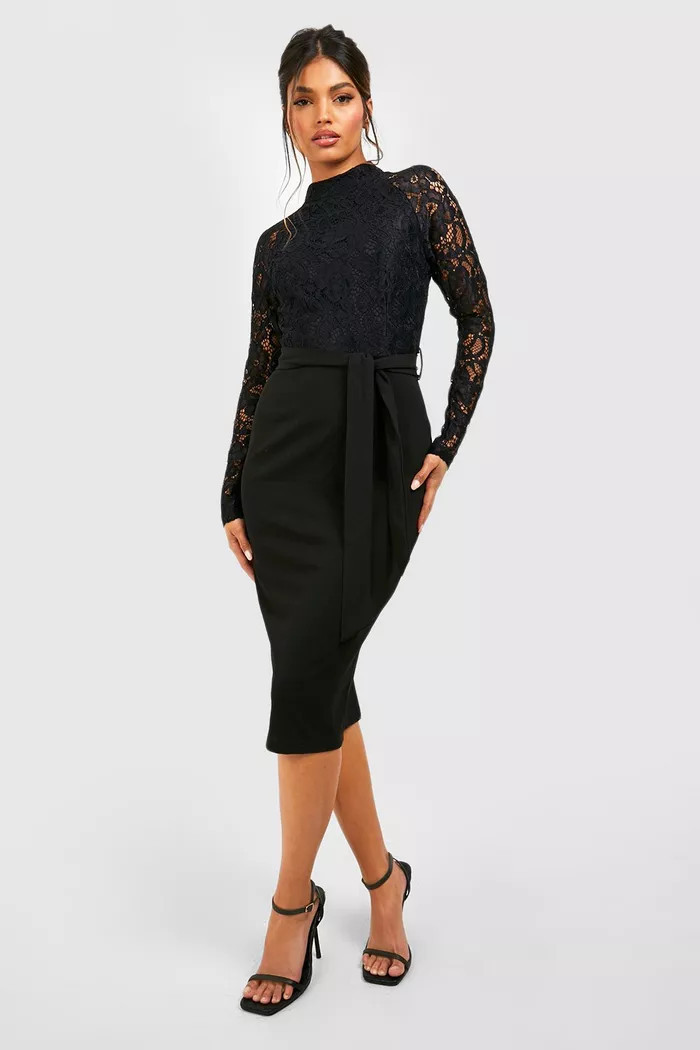 High Neck Long Sleeve Lace Midi Dress | Boohoo.com (UK & IE)