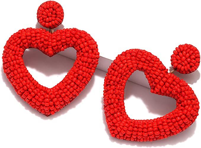 CEALXHENY Beaded Drop Earrings Handmade Seed Bead Heart Hoop Dangle Earrings Bohemia Statement Ea... | Amazon (US)