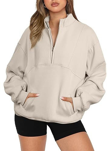 BLENCOT Half Zip Oversized Sweatshirts For Women Long Sleeve Fleece Trendy Cropped Pullover Workout Warm Tops With Pockets XL Apricot | Amazon (US)