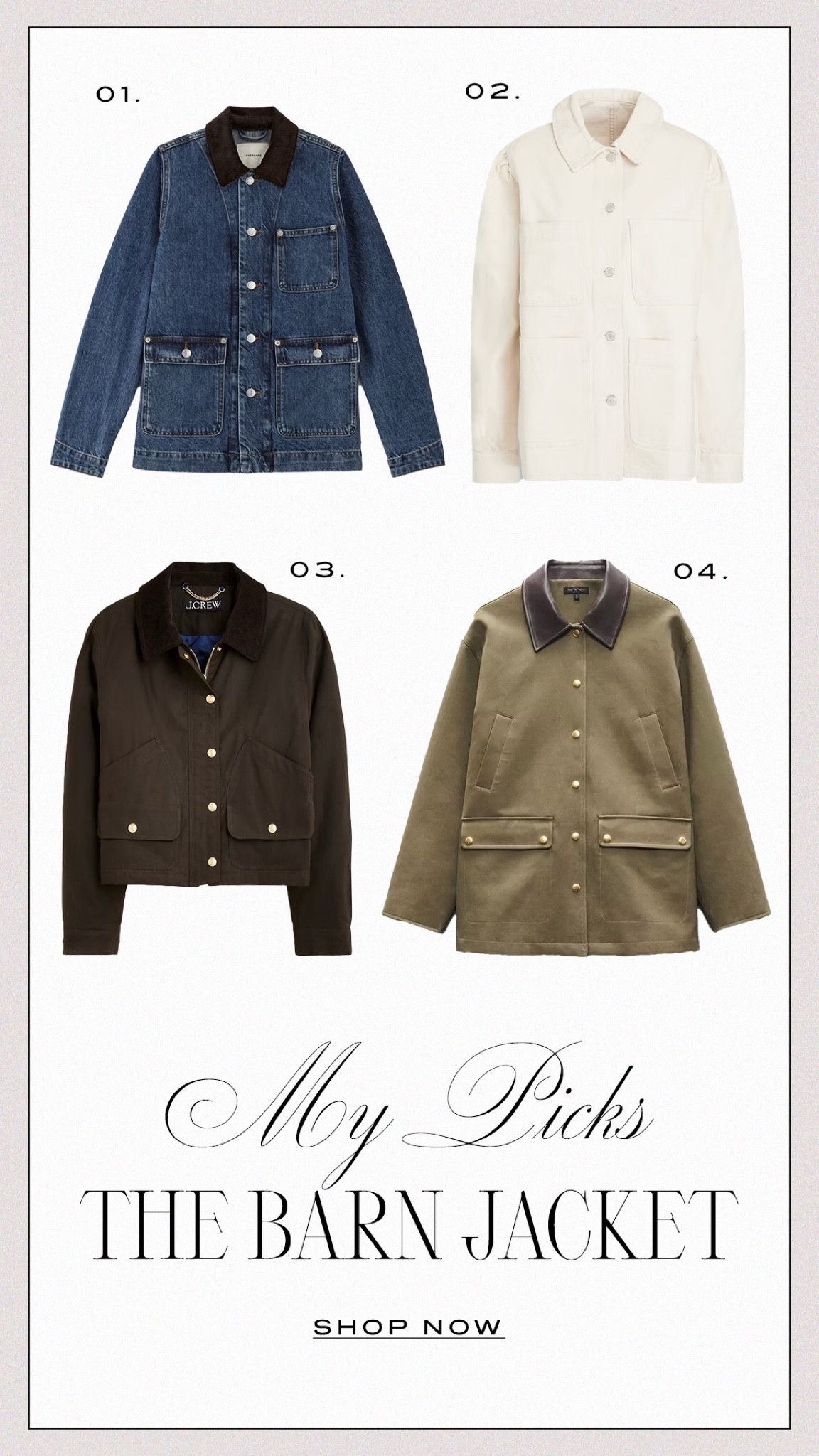 Barn jackets are so chic. Wanted to share my favorites I’ve seen coming out just in time for the Summer to Fall transition. 