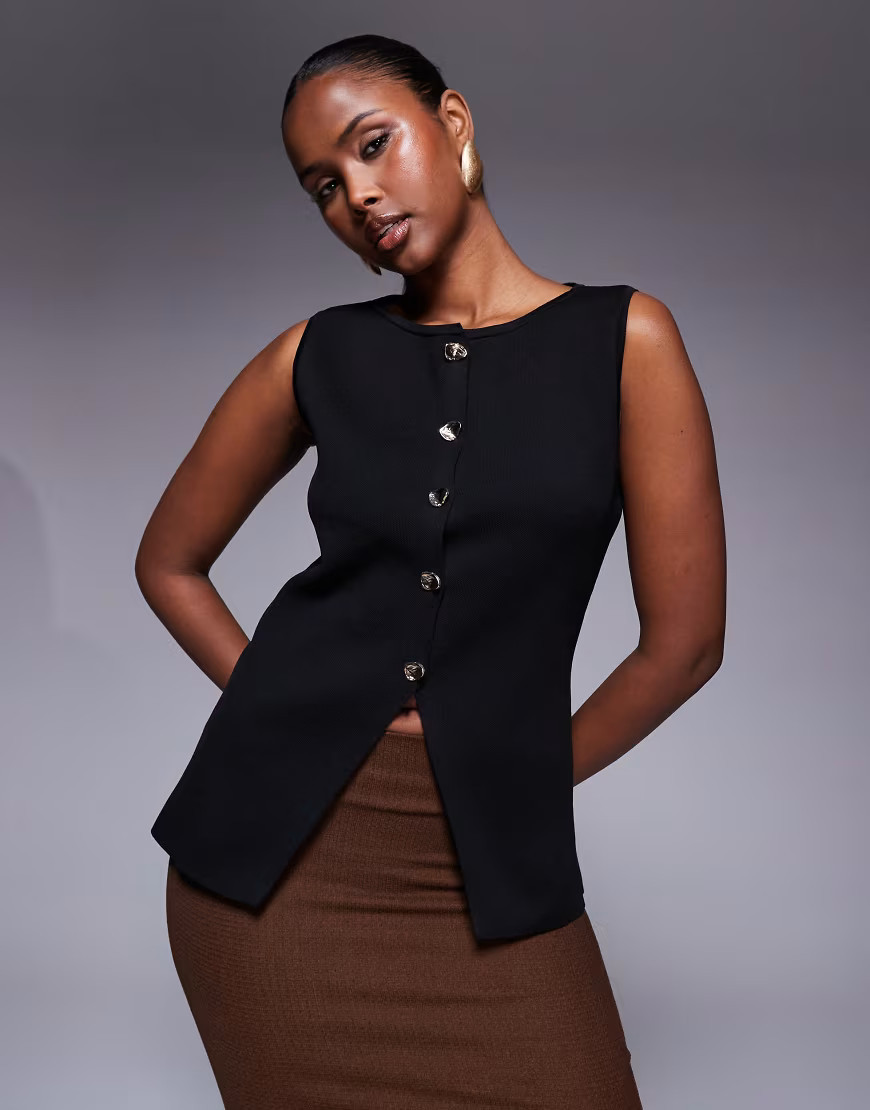 ASOS DESIGN slash neck compact knit vest with gold buttons in black | ASOS (Global)