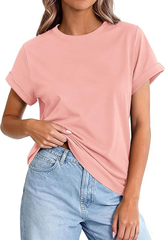 PRETTYGARDEN Womens Summer Tops 2026 Spring Casual Rolled Short Sleeve Basic Tees Crew Neck Work ... | Amazon (US)