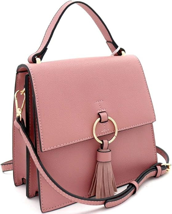 Tassel Top-Handle Structured Vegan Leather Medium Satchel Shoulder Bag Crossbody | Amazon (US)
