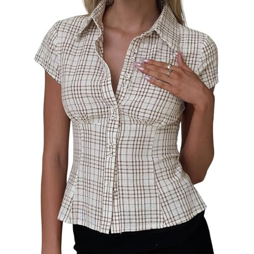 Women's Plaid Button Down Shirt Y2K Short Sleeve Vintage Blouse Top Brown L | Amazon (US)