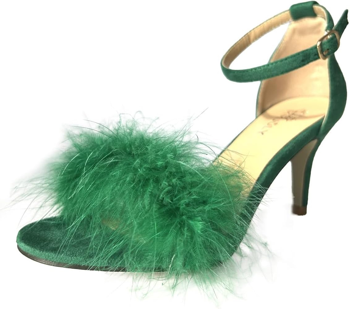 Women's Open Toe Ankle Strap Fluffy Feather Stiletto High Heel Dress Sandal | Amazon (US)