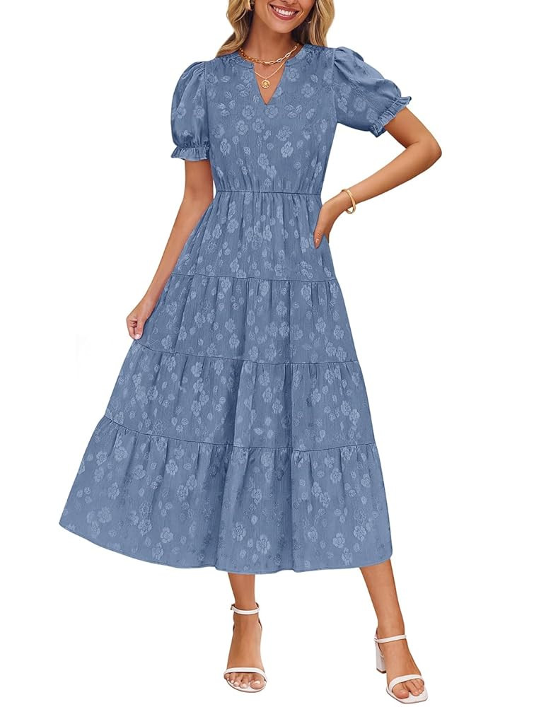 ZESICA Womens 2025 Summer Puff Short Sleeve Midi Dress Floral V Neck Textured Ruffle Flowy Beach ... | Amazon (US)