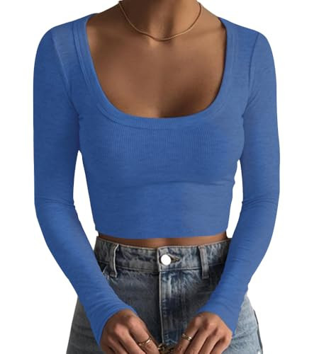 Artfish Women's Square Neck Long Sleeve Ribbed Slim Fitted Casual Basic Crop Top (Haze Blue, L) | Amazon (US)